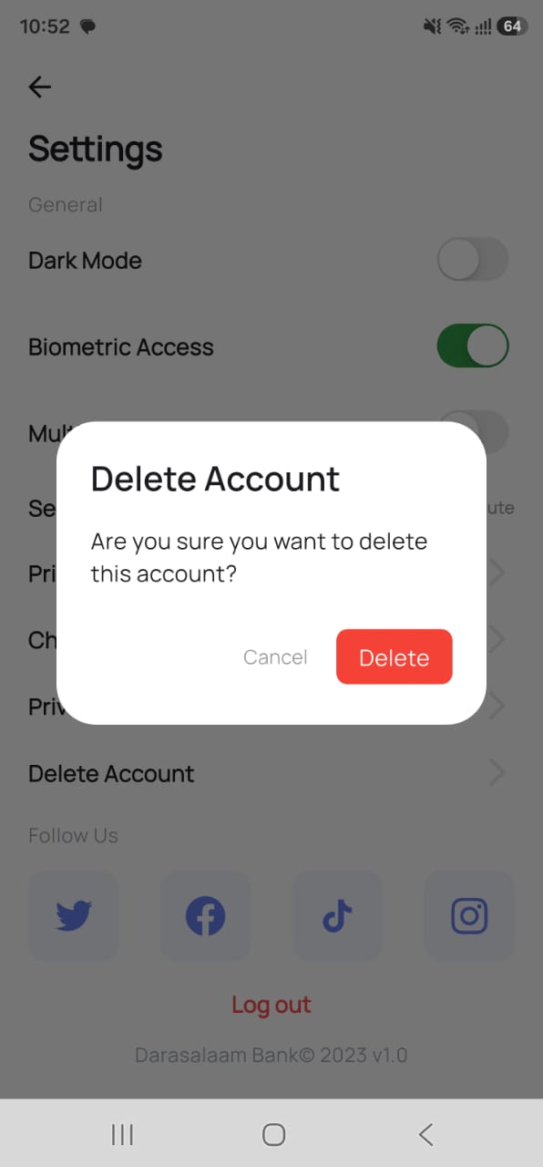 DSB App Delete Account and Confirm